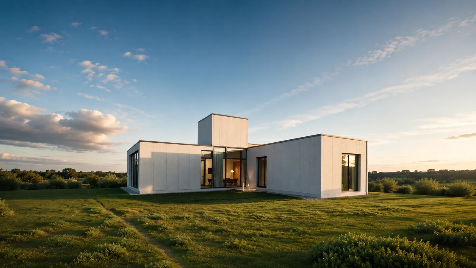 Casa de Proyecto Arista construida en hormigón sobre un terreno, al atardecer